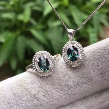 Naturale albastru safir piatră de nunta seturi de bijuterii naturale inel de piatră prețioasă colier cercei S925 argint Moda Elegant Rotund