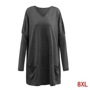 De mari dimensiuni femei T-shirt de mari dimensiuni mari 5XL 6XL 7XL 8XL bust 139 primăvara și toamna V-gât cu mâneci lungi vrac negru de buzunar de sus