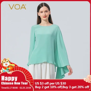 VOA Simplu Tricou Asimetric Fluture Mâneci Lungi Solid Silk Topuri O-Gât Liber Casual Tricouri Femeie de Moda 2021 Toamna BE801