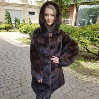 Lux, Stil Nou Haină De Blană De Nurcă De Iarnă Med-Lungime Nurca Haina Femeilor Gros Cald Uza Cu Blană Cu Glugă Palton