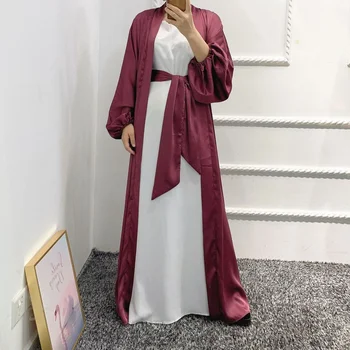 Vestimentar musulman Marocan Caftan Abaya Kimono Satin Dubai Abayas pentru Femei Bubble Sleeve Hijab Rochie Simplă Turcia Islam Îmbrăcăminte