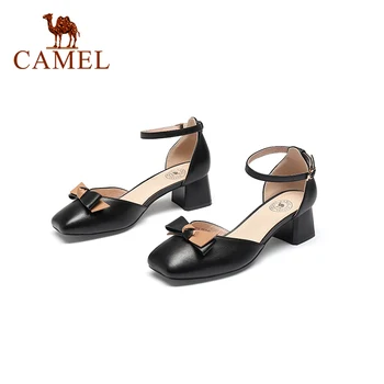 CAMEL din Piele Curea Cataramă Femei Sandale cu toc Gros Sandale Femei Primavara-Vara Mid-toc Fundita Pantofi 2021 Noi