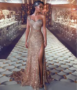 Un Umăr De Aur Sequin Rochii De Seara Lungi Arabia Arabe Iubita Sexy Fantă Lungă Petrecere, Rochii De Dubai
