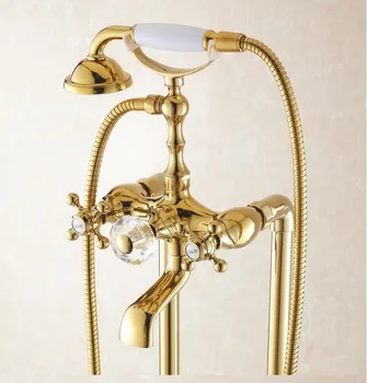 Aur de lux din Alama Baie etaj împodobită cadă de baie Robinet set podea montat stil robinet de duș set pârghie dublă transport gratuit
