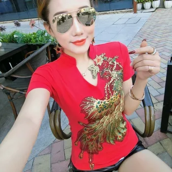 Chineză Stil Vintage Femei Animale Broderii Florale, Paiete T-Shirt-Uri High Street V-Neck Slim Fit Bumbac Tricouri Femei Plus Dimensiune