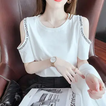 Moda Bumbac Tricou Pentru Femei De Vară 2021 De Pe Umăr Maneca Scurta Tricouri Femei Plus Dimensiune Harajuku Teuri Coreean Sexy Culturilor Topuri