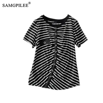 Vara tricouri Femei 2021 Nou Clasic cu Dungi de Înaltă elastic Subțire cu mânecă Scurtă, Oblică Butonul de Decor Neregulate Tricou 4XL