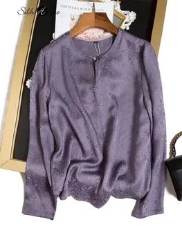 2021 Moda de Îmbrăcăminte pentru Femei Toamna Noua Scumpe Violet Grele de Mătase de Dud Jacquard Satin Gât Rotund Maneca Lunga T-shirt