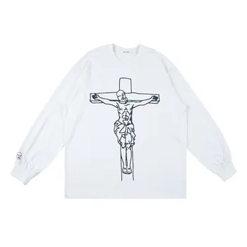 EukaaRu Cruce imprimat cu maneci lungi tricou de moda liber de epocă tricouri pentru bărbați streetwear supradimensionate topuri femei tricouri lungi