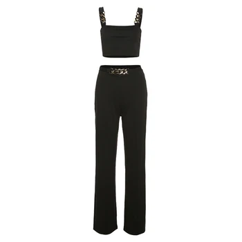 TINERI 2021New strada Mare lanț curele crop top pentru femei pantaloni set Sexy de două seturi de piese Alb-negru slim pantaloni lungi costum