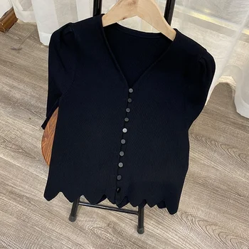 Noi Vara Franța Stil V-Neck Maneca Jumătate Puf Femei Cu Maneci Scurte Subțire Solid Tricouri Moda Singur Pieptul Bluza Casual