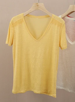 Femei T-shirt Simplu V-gât Lace Împletit Lenjerie de pat cu mânecă Scurtă T-shirt Femei