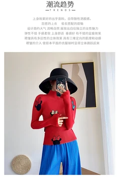 ÎN STOC Miyake ori mânecă lungă T-shirt stand guler de imprimare de Desene animate Tofu pliuri T-shirt de VÂNZARE FIERBINTE