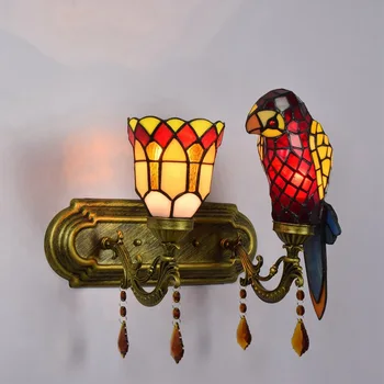 European Stil Retro Papagal Dormitor Noptieră Cu Lampă De Perete De Sticlă Colorată Retro Pastorală Decor Acasă Hotel Dublu-H