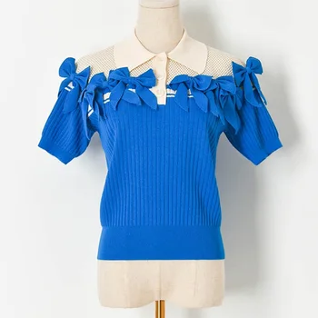 2021 Moda de Vara T-Shirt pentru Femei Tricouri Topuri Tricot Arc Dulce Tricouri Maneca Scurta Casual Harajuku Vintage Haine coreene ins