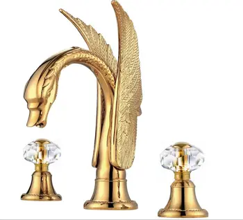 Gratuit navă de Aur Pvd Clour 3 Gauri swan robinet chiuveta răspândită toaletă bazinul mixer robinet pachet Nou montat de cristal se ocupă de lux