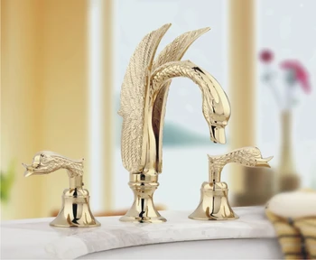 Transport gratuit 3 Piese de aur clour 24 CM swan robinet chiuveta răspândită toaleta chiuveta robinet mixer robinet