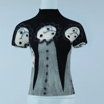EA 2021 Vara Noi Printting Maneca Scurta Plisata T-Shirt Stil Gotic Famle Tendință Întinde Guler Topuri Femeile Graphic Tee