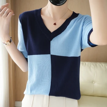 Moda culoare de contrast V-gât cu mânecă scurtă t-shirt femei subțire de vară 2021 noi bumbac bază tricotate Femei de top pulloverSweater
