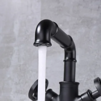 Stilul Industrial negru Mat Alamă Baie chiuveta de robinet Singur orificiu Două mâner robinet Bazin de apa Rece la cald baie robinet